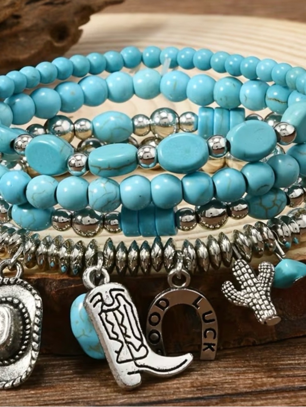 Turquoise Beaded Charm Bracelet Set - Women Jewelry